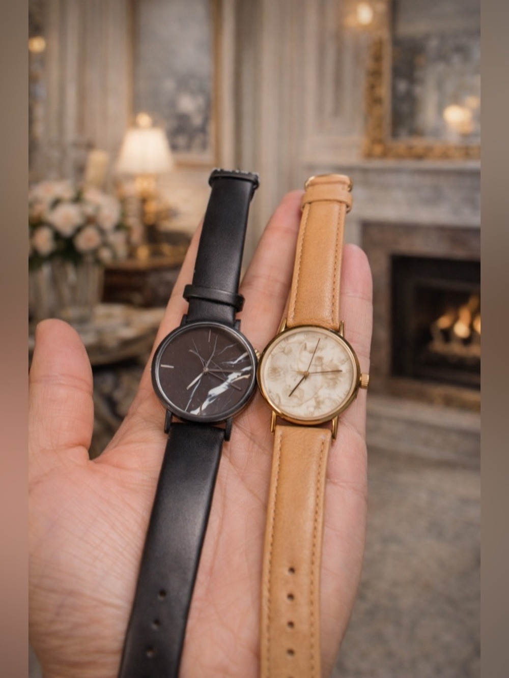 TWO WATCHES RUNNING Navy Blue and Tan Faux Leather Strap Watches Quartz Mvmt